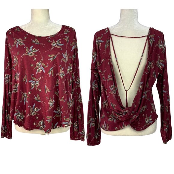Free People Tops - Free People Elsa Open Back Floral Print Long Sleeve Top Red Bohemian Medium
